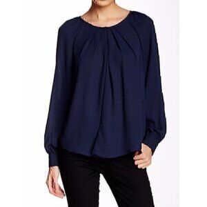 BELLATRIX Pleat Neck Long Sleeve Blouse Solid Navy Blue Polyester Peasant Top XS